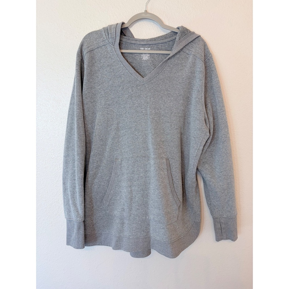 Athleta Grey Heathered Pullover Hoodie Kangaroo Pocket Thumbholes Size XL